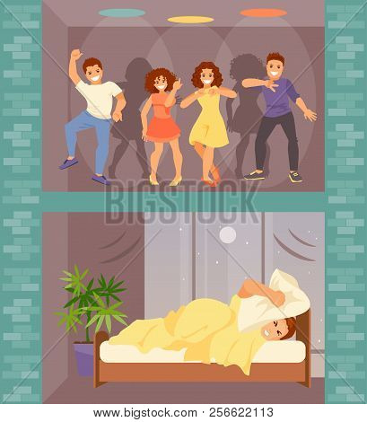 Man In Bed With Insomnia. Noisy Neighbors From Above Arranged A Party. Vector Illustration