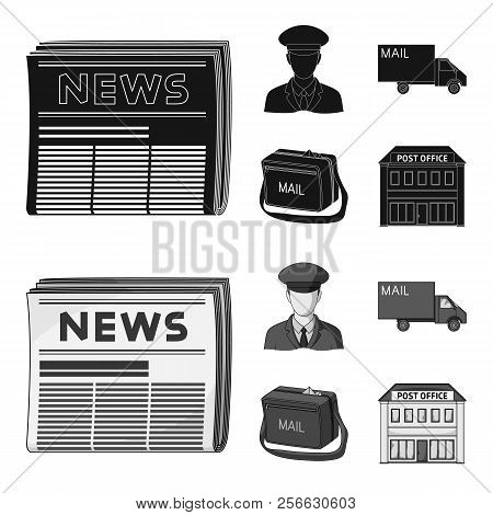 The Postman In Uniform, Mail Machine, Bag For Correspondence, Postal Office.mail And Postman Set Col
