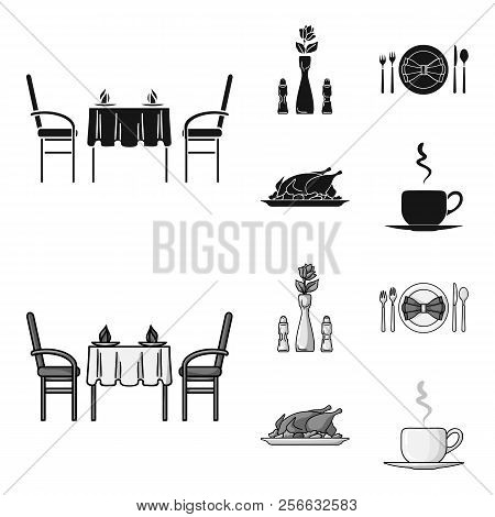 Vase With A Flower, Table Setting, Fried Chicken With Garnish, A Cup Of Coffee.restaurant Set Collec