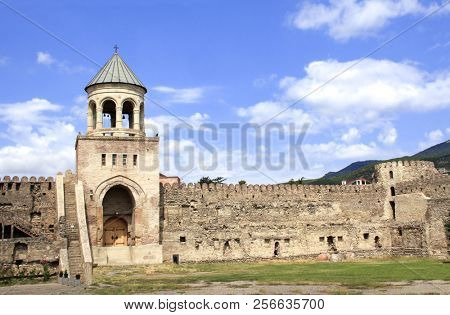 Fortress wall in Svetitskhoveli Orthodox complex in Mtskheta, Georgia. UNESCO world heritage site
