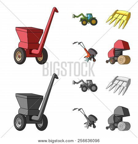 Motoblock And Other Agricultural Devices. Agricultural Machinery Set Collection Icons In Cartoon, Mo
