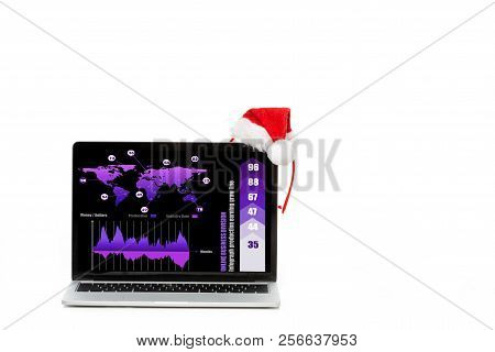 Christmas Hat On Laptop With Infrographic On Screen Isolated On White Background