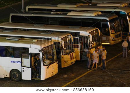 Moscow, Russia - September, 3, 2018: buses on a bus terminal in Moscow, Russia