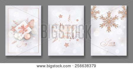 Set Of Elegant Merry Christmas And New Year 2019 Cards With Shining Rose Gold Glitter Christmas Ball