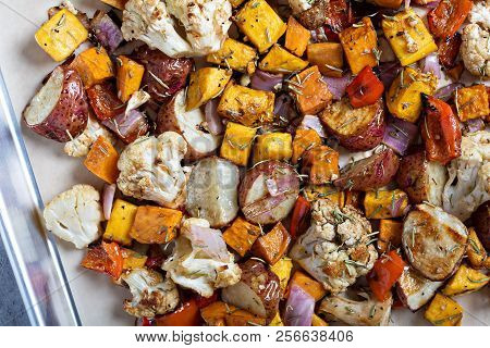 Fall Seasonal Roasted Vegetables On A Baking Tray