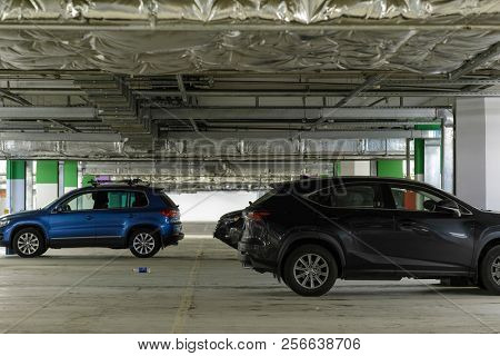 Moscow, Russia - September, 3, 2018: cars on a parking in Exhebition Crocus center in Moscow