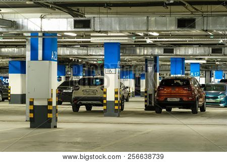 Moscow, Russia - September, 3, 2018: cars on a parking in Exhebition Crocus center in Moscow