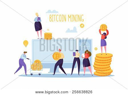 Crypto Currency Mining Blockhain Technology Concept. Online Investment Flat People Characters With B