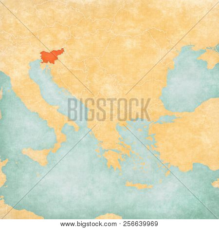 Slovenia On The Map Of Balkans In Soft Grunge And Vintage Style, Like Old Paper With Watercolor Pain