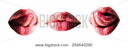 Sexy Lips Set. Womans Mouth With Sensual Tongue Close Up With Oil Lipstick Makeup Expressing Seducti