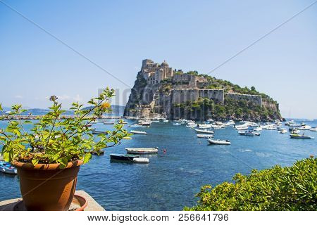 Ancient Castle Near Ischia Island. Tourist Target When Traveling In Campania.