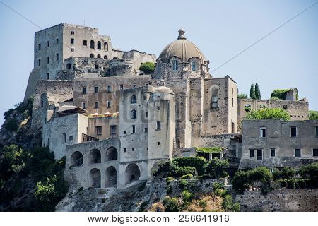 Ancient Castle Near Ischia Island. Tourist Target When Traveling In Campania.