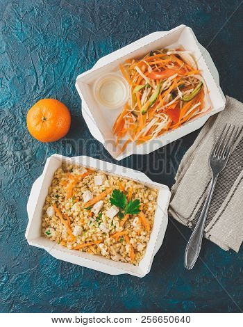 Healthy Food Delivery. Pilov From Bulgur With Chicken, Cabbage Salad With Carrots, Tomatoes And Cucu