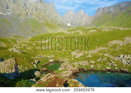 View On Chaukhi Mountain Pass From Abudelauri Blue Lake In Caucasus Mountains