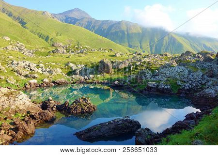 View On Chaukhi Mountain Pass From Abudelauri Blue Lake In Caucasus Mountains