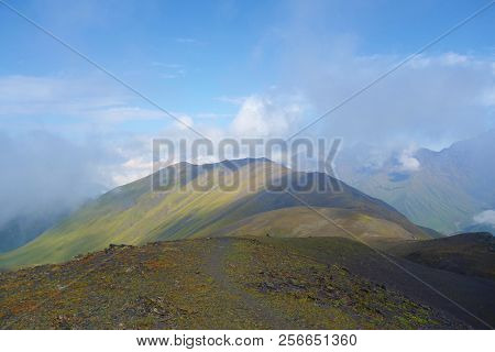 Views On Chaukhi Mountain Pass On A Hiking Trail From Abudelauri Lakes To Juta In Caucasus Mountains