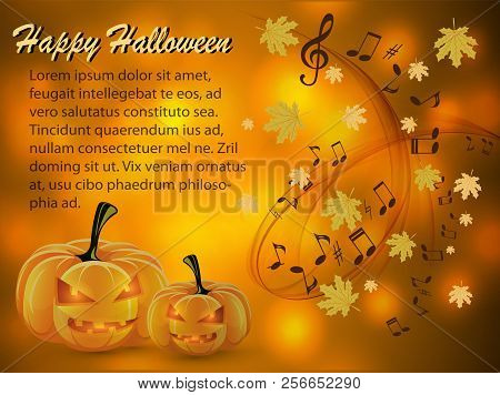 Musical Abstract Background For Halloween With Jack-o-lantern With Burning Eyes