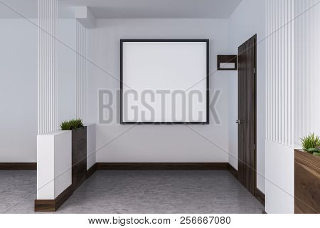 Empty Hotel Or Business Center Corridor With Closed Wooden Doors, White Walls And A Concrete Floor. 