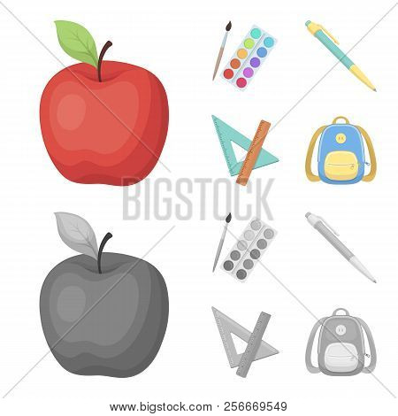 Multicolored Paints With A Tassel, Pen, Triangle And Ruler, Satchel, Briefcase. School And Education