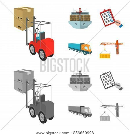 Sea Freight, Signature Of Delivery Documents, Truck, Tower Crane With A Container. Logistics And Del