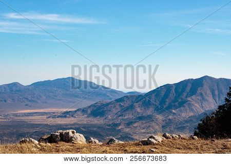 Landscape Overlooking Mojave Desert And Mountains From Volcan Mountain Preserve View Point In Julian