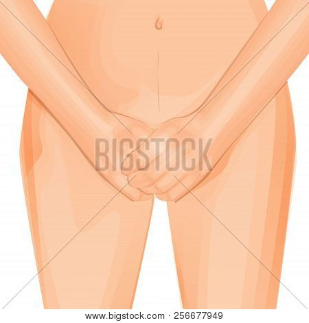 Naked Sexy White Woman Vector Confused And Embarrassed, Covering Her Groin And Breast With A Hand.