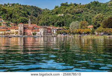View Of Historic Village Pella On The Western Shore Of Lake Orta, Province Of Novara, Italy