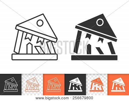 Bank Collapse Black Linear And Silhouette Icons. Thin Line Sign Of Crash. Bankrupt Outline Pictogram