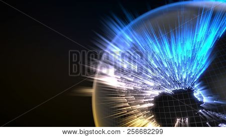 Dark Earth Globe With Glowing Details And Light Rays. 3d Illustration