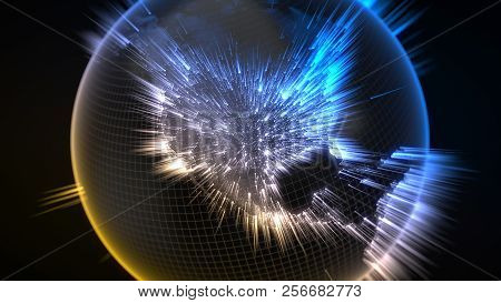 Dark Earth Globe With Glowing Details And Light Rays. 3d Illustration