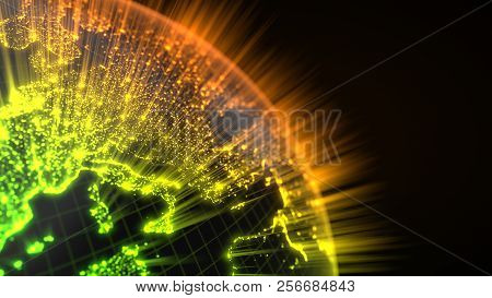 Dark Earth Globe With Glowing Details And Light Rays. 3d Illustration