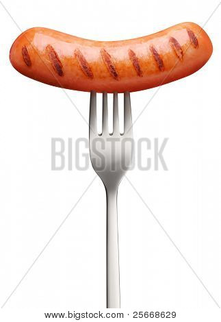 Saucisse, piquer avec une fourchette. Objet sur un fond blanc et contient le chemin d'accès pour couper.