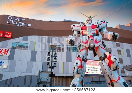 Tokyo, Japan - April 20 2018: Full-size Mobile Suit  Rx-0 Unicorn Gundam Replica From The Mobile Sui