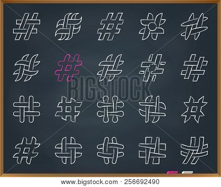 Hashtag Chalk Icons Set. Outline Web Sign Kit Of Social Media. Hash Tag Linear Icon Number Message, 