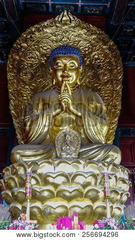 Beijing, China - Mar 1, 2018. A Golden Buddha Statue At Old Pagoda In Beijing, China. Buddhism In Ch
