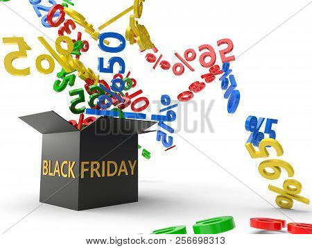 Black Friday Sales Concept With Box And Discount Rates. 3d Illustration