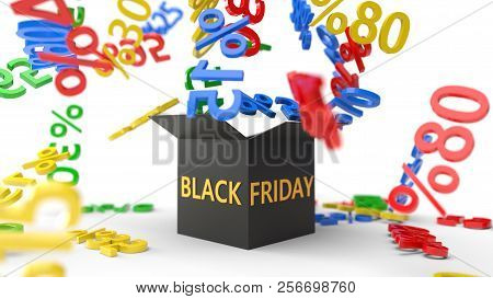Black Friday Sales Concept With Box And Discount Rates. 3d Illustration