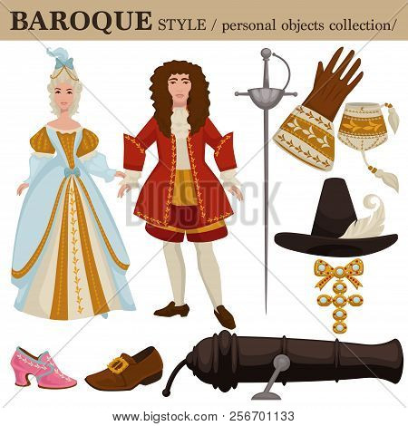 Baroque Or 17 Century European Old Retro Fashion Style Of Man And Woman Clothes Garments And Persona