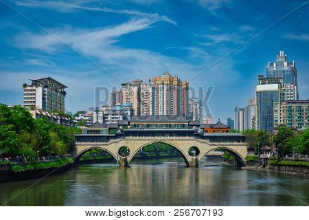 Famous landmark of Chengdue - Anshun bridge over Jin River, Chengdue, Sichuan , China