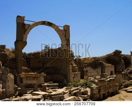 Panoramic View To Ephesus Ruin Arch In Turkey