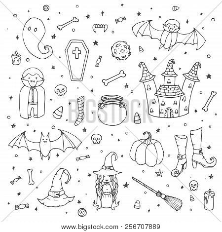 Vector Halloween Set With Pumpkins, Ghosts, Vampire, Witch, Hat, Broom, Cauldron, House, Bats, Bones