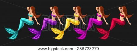 Isometrics Game Concept Cartoon With Fairy-tale Characters, A Set Of Different Colors Of Mermaids, B