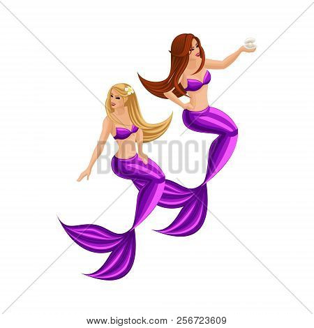 Isometry Game Concept Cartoon, Two Beautiful Mermaids With Long Hair, Serena, Girl, Sea, Tail. Isome