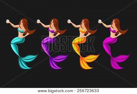 Isometry Game Concept Cartoon With Fairy-tale Character, Mermaid Guards Pearl, Serena, Girl, Sea, Ta