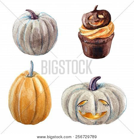Watercolor Cartoon Halloween Set On White Background With Creepy Elements