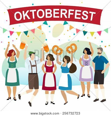 Men And Women In Traditional Bavarian Clothes Celebrate Beer Festival Oktoberfest. Friends In Tracht
