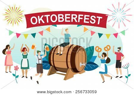 Men And Women In Traditional Bavarian Clothes Celebrate Beer Festival Oktoberfest. Friends In Tracht