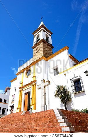 Ayamonte, Spain - June 11, 2017 - Front View Of The Las Angustias Parish Church (parroquia De Nuestr