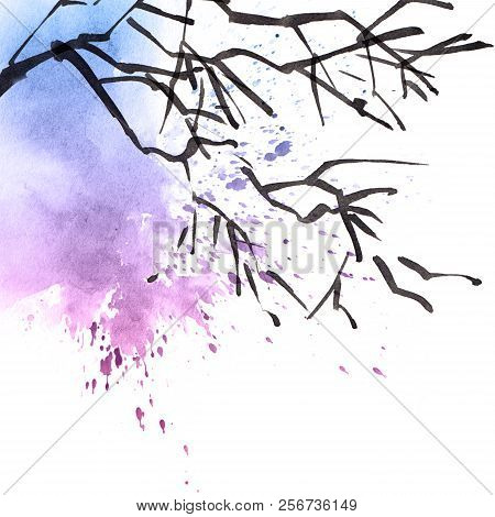 Watercolor Tree Branch With Blue And Purple Watersplash