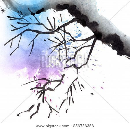 Watercolor Tree Branch With Blue And Purple Watersplash